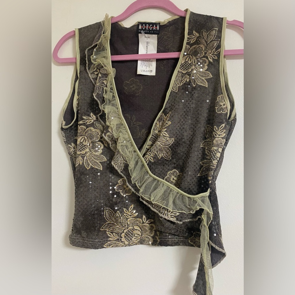 Black and Gold Floral Wrap Top